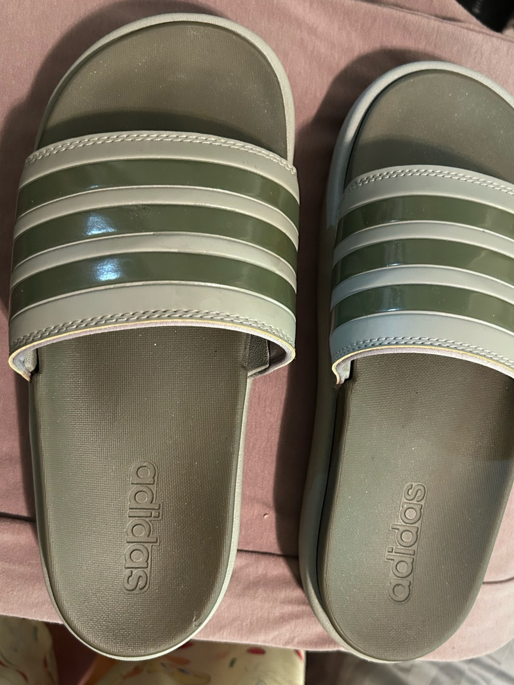 ADIDAS Olive Green and White Slide Sandals WOMEN- Size 7  - Worn Once